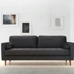 Canapés En Tissu|CHIBA Canapé 3 places velours noir avec coussins polochons