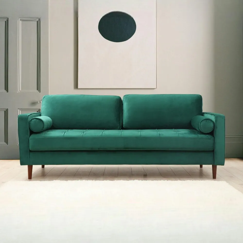 Canapés En Tissu|CHIBA Canapé 3 places velours vert avec coussins polochons