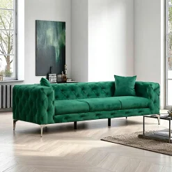 Canapés 3 Places|Canapés En Tissu|DOVER Canapé 3 places vert en velours capitonné
