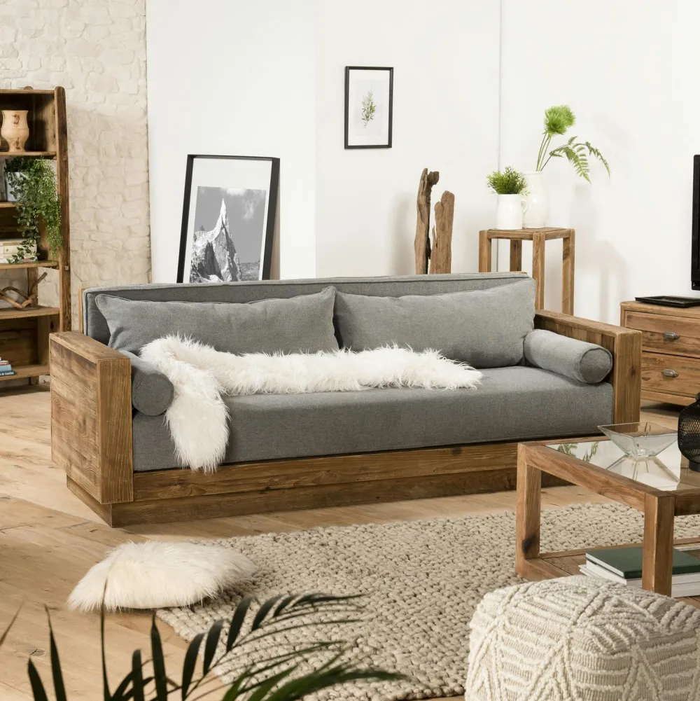 Univers Déco·Scandinave Hygge|Univers Déco·Maison De Campagne|DENVER Canapé convertible en bois recyclé coussins taupe