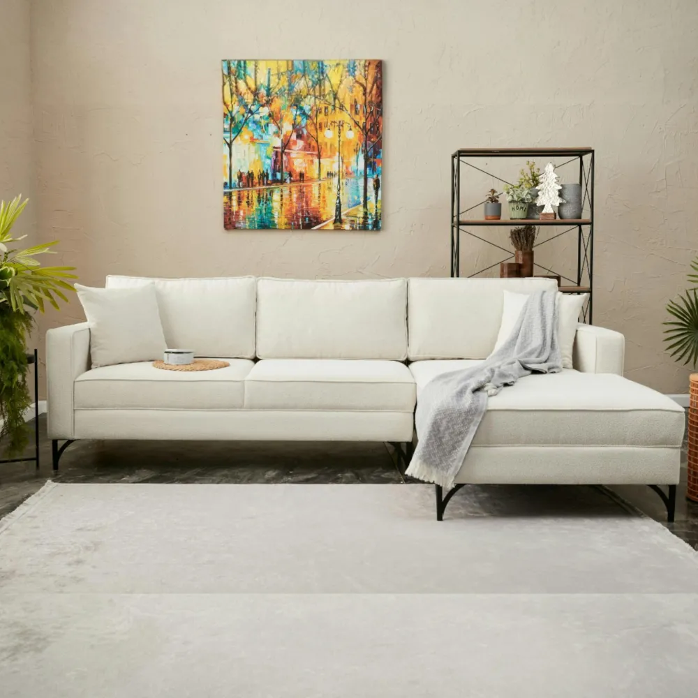 Canapés En Tissu|Canapés D'Angle|NEOLIA Canapé d'angle blanc crème, pieds noirs (côté droit)