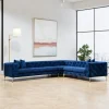 Canapés 3 Places|Canapés En Tissu|DOVER Canapé d'angle bleu nuit en velours capitonné - côté droit