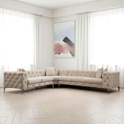 Canapés 3 Places|Canapés En Tissu|DOVER Canapé d'angle écru en velours capitonné - côté gauche