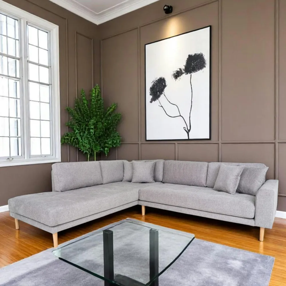 Canapés 3 Places|Canapés D'Angle|AMSTERDAM Canapé d'angle gris clair - pieds bois, côté gauche