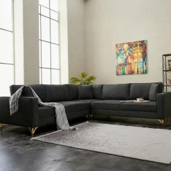 Canapés En Tissu|Canapés D'Angle|BERLIN Canapé d'angle gris foncé, pieds métal doré