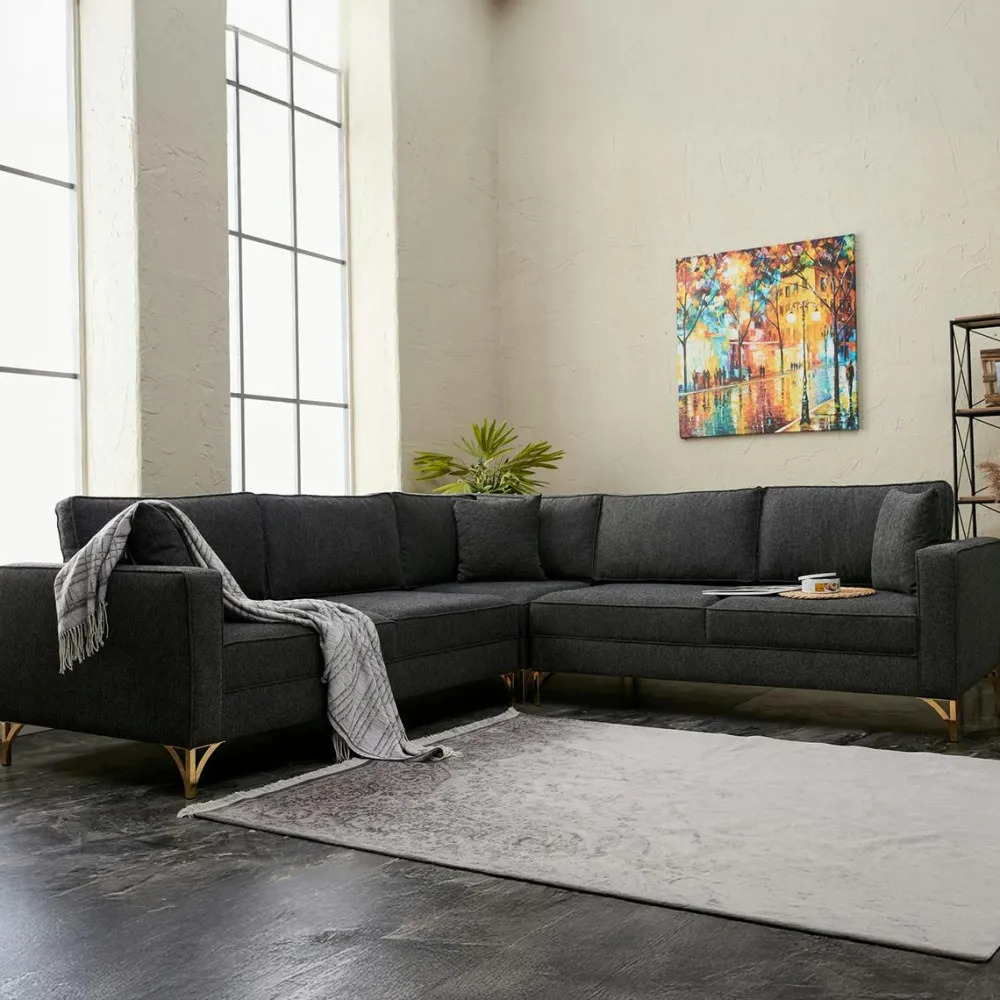 Canapés En Tissu|Canapés D'Angle|BERLIN Canapé d'angle gris foncé, pieds métal doré