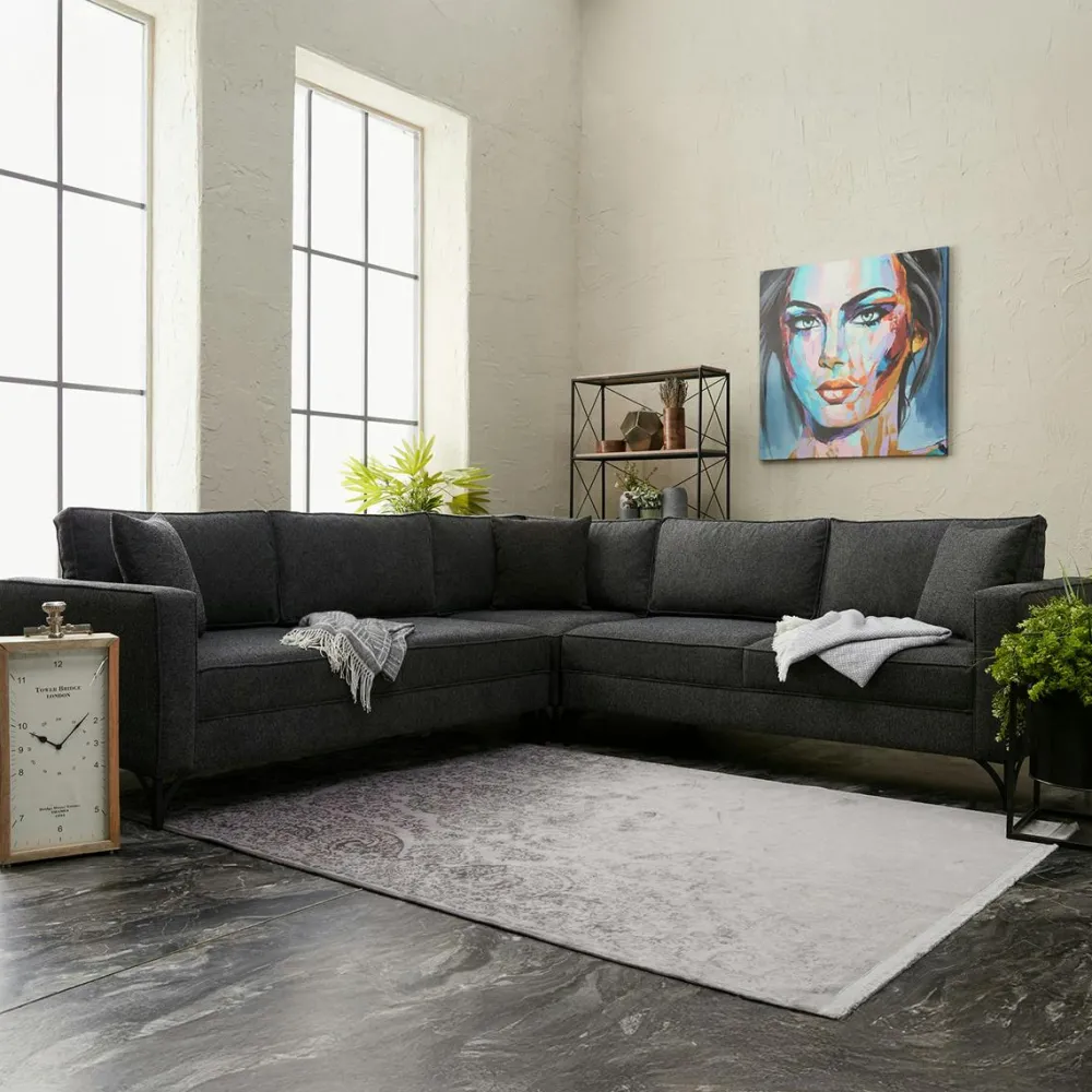 Canapés En Tissu|Canapés D'Angle|BERLIN Canapé d'angle gris foncé, pieds métal noir