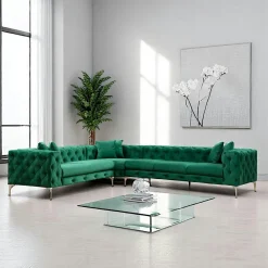 Canapés 3 Places|Canapés En Tissu|DOVER Canapé d'angle vert en velours capitonné - côté gauche