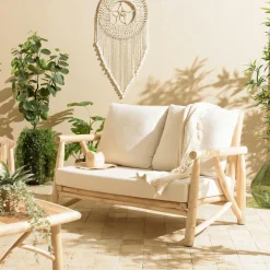 Canapés 2 Places|MANAK Canapé exotique 2 places dossier cannage teck et coussin gris