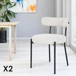 Chaises Contemporaines|Meubles De Cuisine·Chaises|SAVONE Chaise blanche ronde en tissu bouclette (lot de 2)