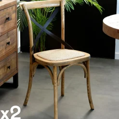 Meubles De Cuisine·Chaises|Chaises En Bois|TIM Chaise bois et cannage assise cuir havane (lot de 2)