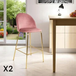 Tabourets De Bar En Velours|MONTREUX Chaise de bar rose en velours à dossier rond (lot de 2)