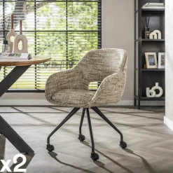 Chaises Avec Accoudoirs|Chaises Contemporaines|CREEK Chaise de bureau à roulettes en tissu gris chiné (lot de 2)