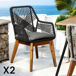 Chaises De Jardin|GRENADE Chaise de jardin beige en corde tressée et pieds bois FSC® (lot de 2)