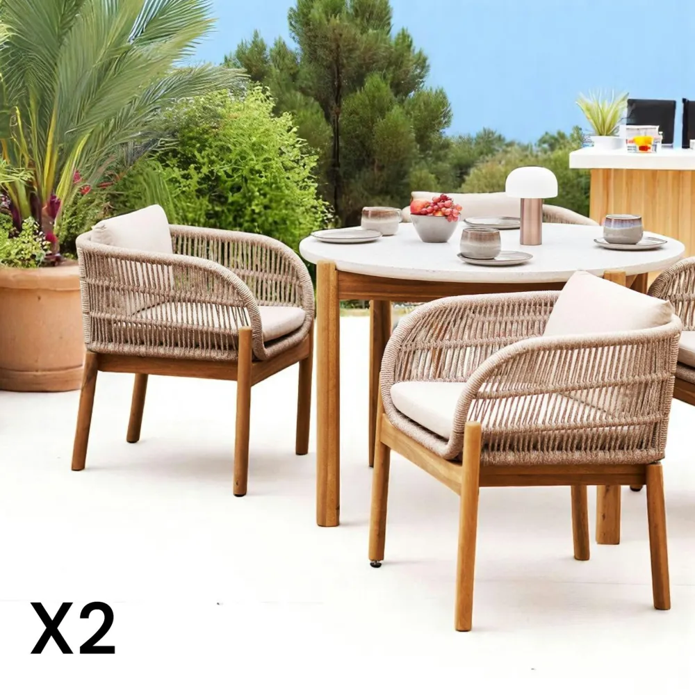 Chaises De Jardin|MENDOZA Chaise de jardin en bois d'acacia et corde tressée (lot de 2)