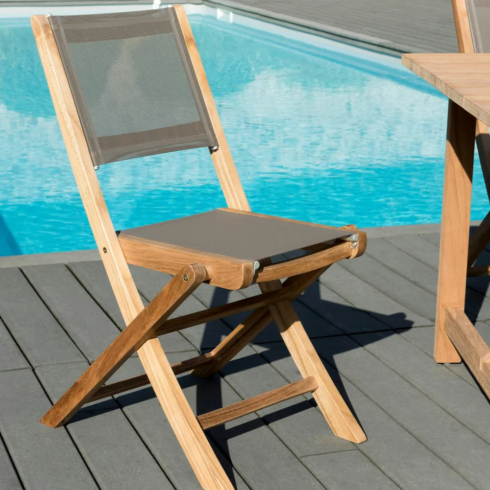 Chaises De Jardin|SUMMER Chaise de Jardin pliante teck textilène taupe (lot de 2)