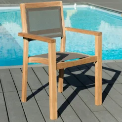 Chaises De Jardin|SUMMER Chaise de Jardin pliante teck textilène taupe (lot de 2)