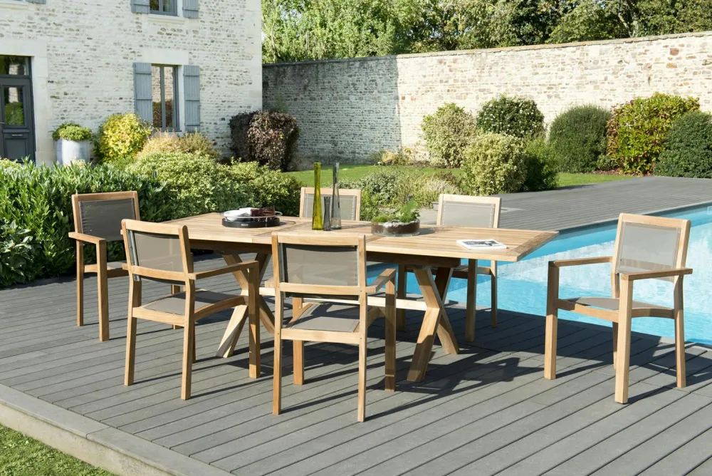 Chaises De Jardin|SUMMER Chaise de Jardin pliante teck textilène taupe (lot de 2)