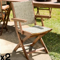 Chaises De Jardin|BAHIA Chaise de jardin pliante bois d'acacia rotin synthétique (lot de 2)