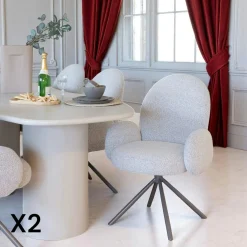 Chaises Contemporaines|Meubles De Cuisine·Chaises|BERLIN Chaise de salle à manger en tissu bouclette beige forme ronde (lot de 2)