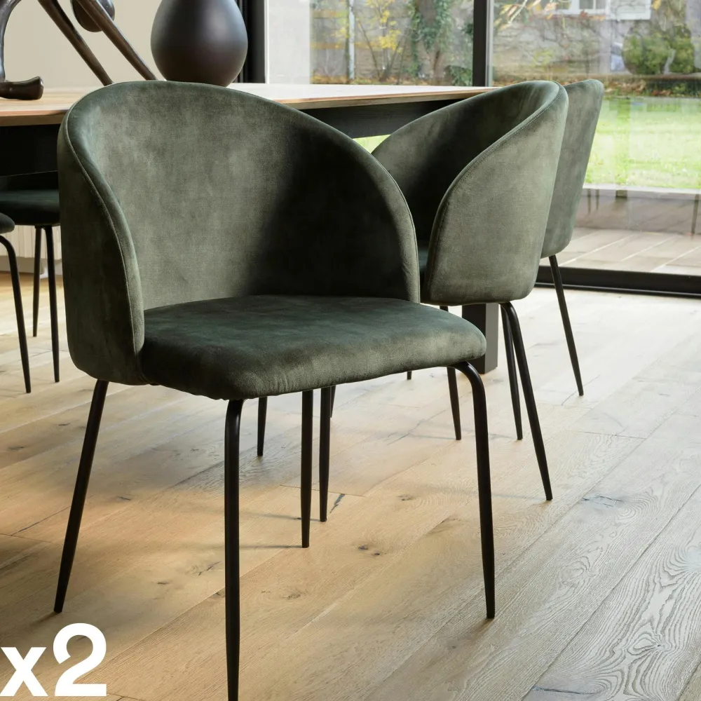 Chaises Capitonnées|Chaises Contemporaines|TIM Chaise de salle à manger velours vert dossier rond (lot de 2)