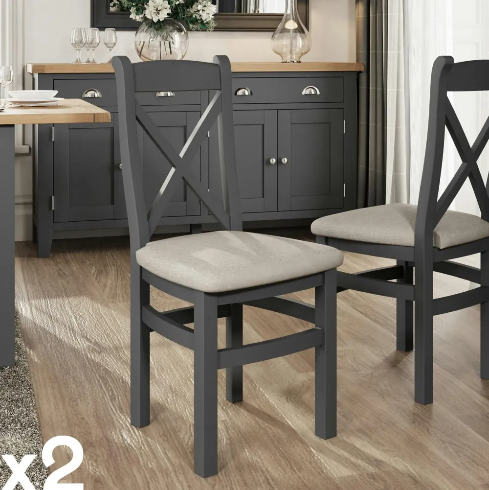 Chaises En Bois|Chaises Capitonnées|COVENTRY Chaise en bois et tissu avec dossier croisé finition charbon (lot de 2)