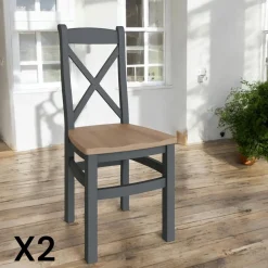 Chaises En Bois|Chaises Capitonnées|COVENTRY Chaise en bois et tissu avec dossier croisé finition charbon (lot de 2)