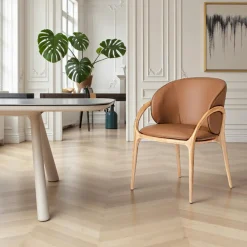 Meubles De Cuisine·Chaises|Chaises En Bois| Chaise en cuir marron dos rond accoudoirs bois clair ALDER