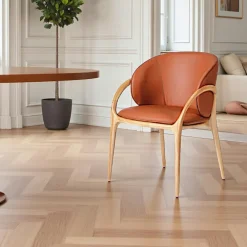 Meubles De Cuisine·Chaises|Chaises En Bois| Chaise en cuir terracotta dos rond accoudoirs bois noir ALDER