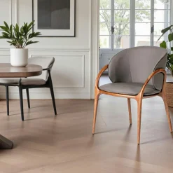 Meubles De Cuisine·Chaises|Chaises En Bois| Chaise en cuir terracotta dos rond accoudoirs bois noir ALDER