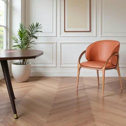 Meubles De Cuisine·Chaises|Chaises En Bois| Chaise en cuir terracotta dos rond accoudoirs bois brun ALDER