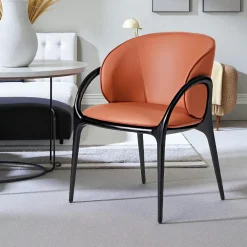 Meubles De Cuisine·Chaises|Chaises En Bois| Chaise en cuir terracotta dos rond accoudoirs bois brun ALDER