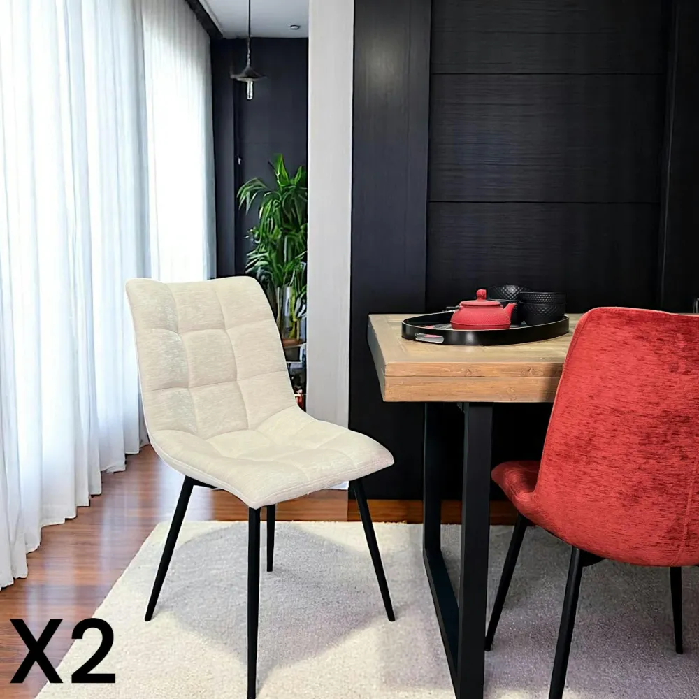 Meubles De Cuisine·Chaises|Chaises Velours|PALERME Chaise en velours écru motif damier (lot de 2)