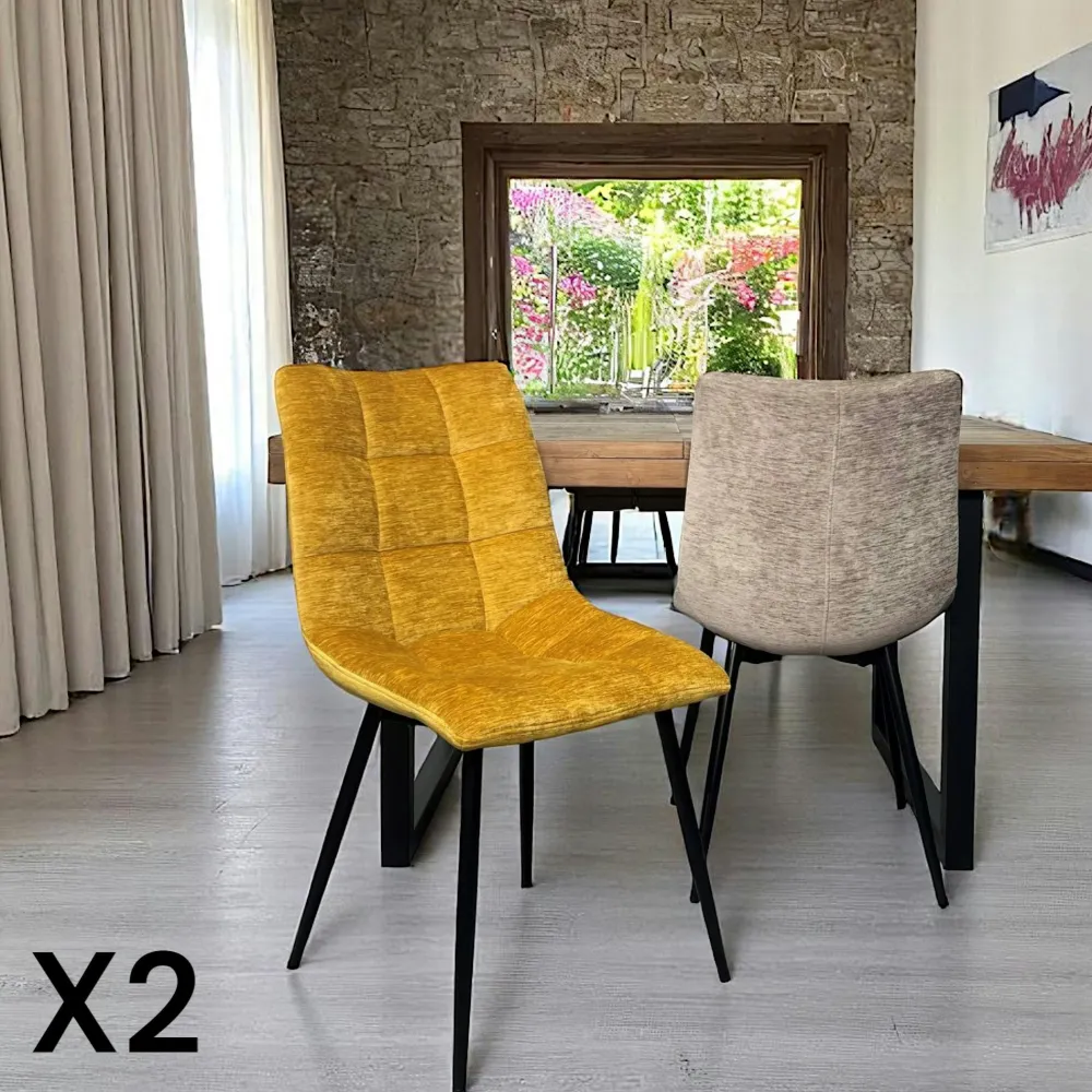 Meubles De Cuisine·Chaises|Chaises Velours|PALERME Chaise en velours moutarde motif damier (lot de 2)