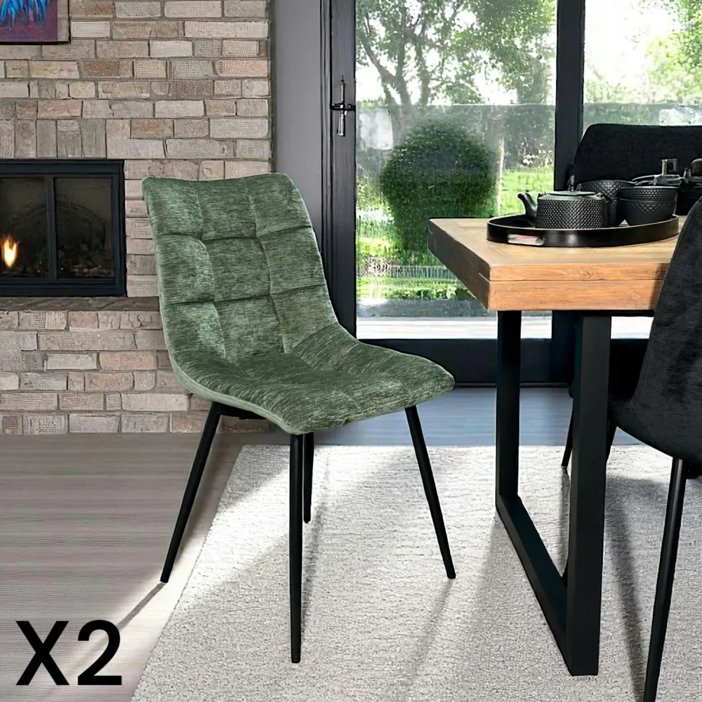 Meubles De Cuisine·Chaises|Chaises Velours|PALERME Chaise en velours vert motif damier (lot de 2)