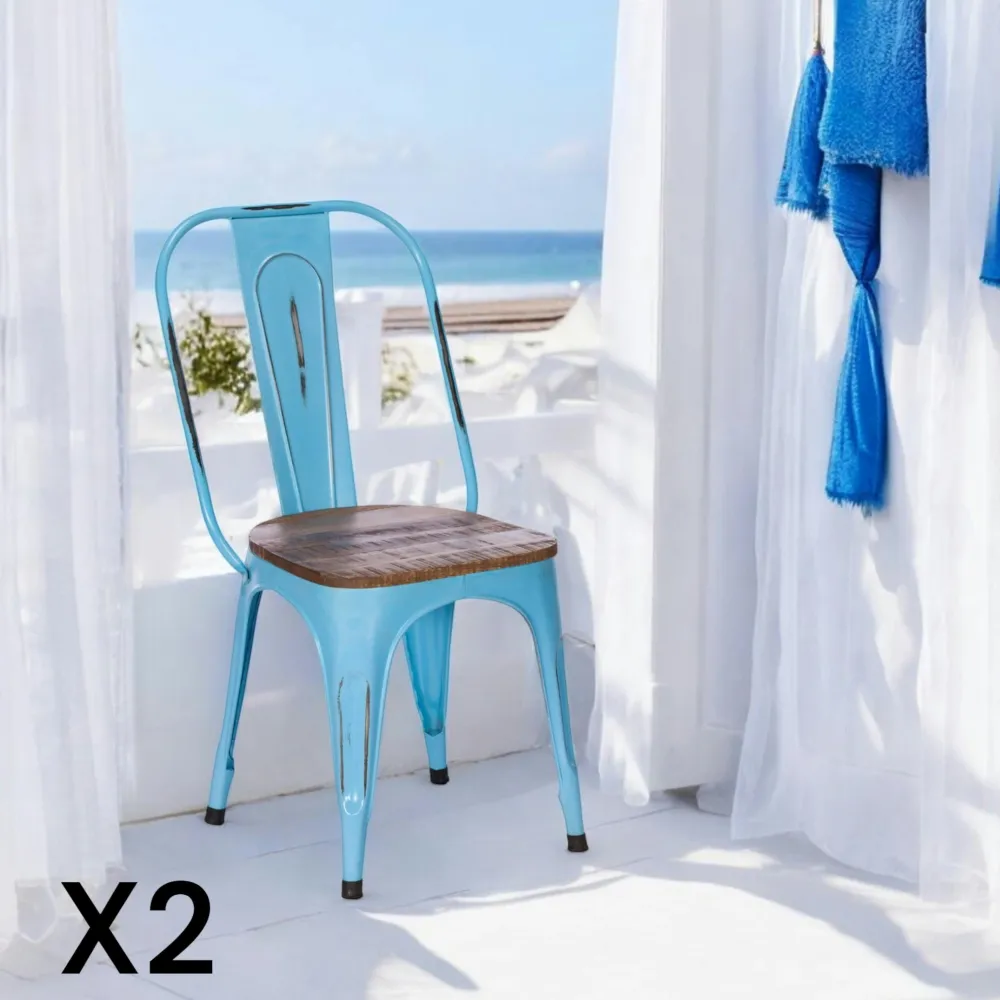 Chaises Industrielles|Meubles De Cuisine·Chaises|LEEDS Chaise industrielle métal bleu bois recyclé (lot de 2)