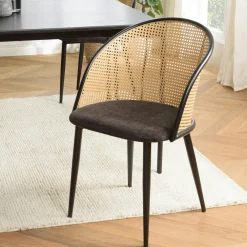 Chaises En Rotin|Chaises Contemporaines|LOANO Chaise métal dossier cannage ovale assise velours noir (lot de 2)