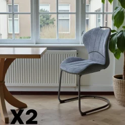 Meubles De Cuisine·Chaises|Chaises Contemporaines|LIGURIE Chaise pied luge bi-matière en tissu bleu (lot de 2)