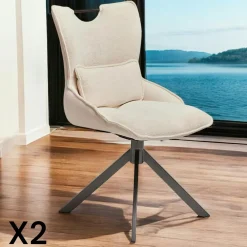 Chaises Capitonnées|Meubles De Cuisine·Chaises|IENA Chaise pivotante coussin et poignée tissu blanc (lot de 2)