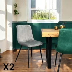 Chaises Vintage|Chaises Capitonnées|MALMOE Chaise velours gris piètement luge (lot de 2)