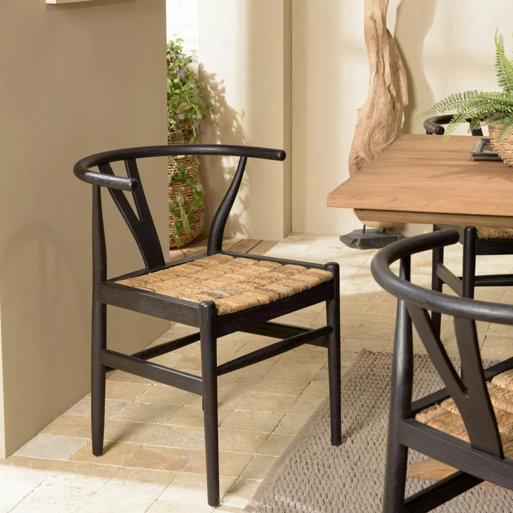 Chaises En Bois|Meubles De Cuisine·Chaises|Swing Chaise vintage bois noir recyclé et cannage chanvre tressé