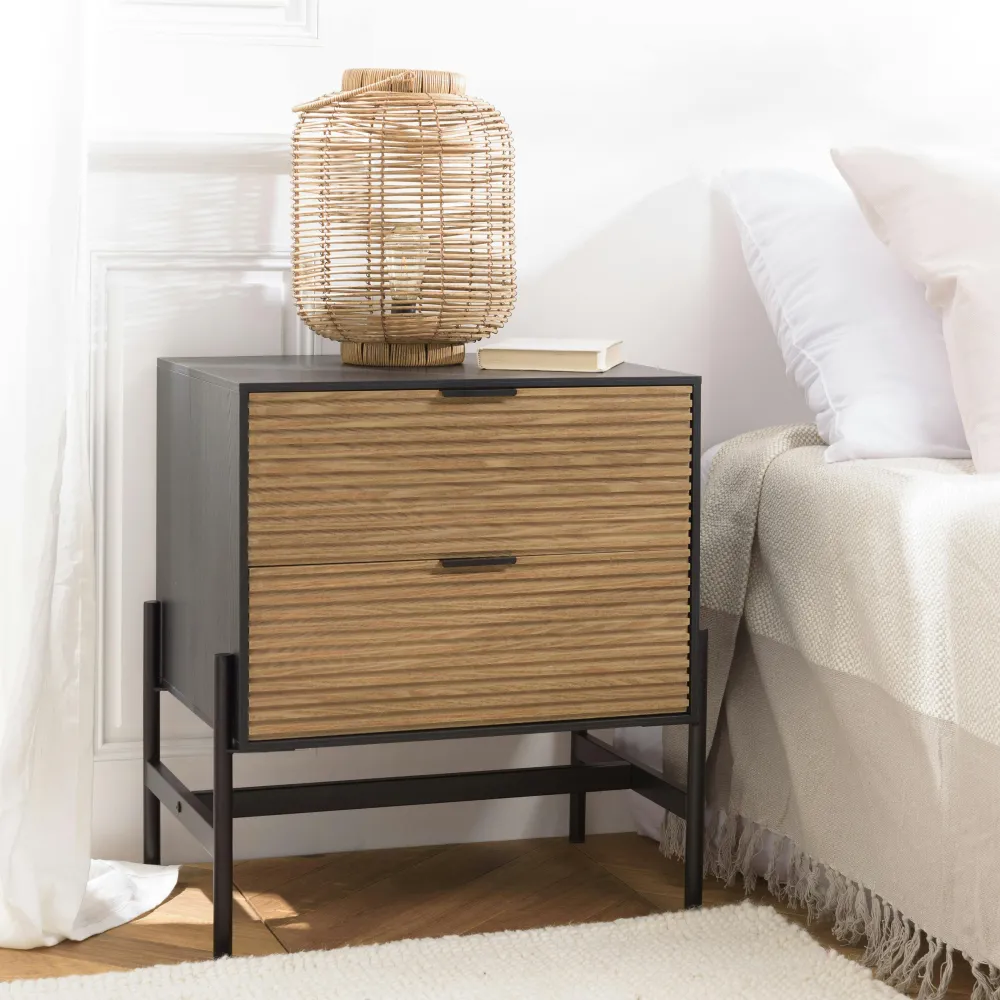 Tables De Chevet Industrielles|ALMEIRA Chevet 2 tiroirs bois noir et pin