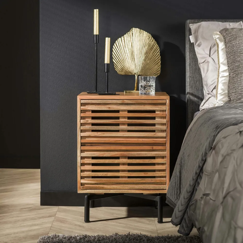 Tables De Chevet Industrielles|ALMEIRA Chevet 2 tiroirs bois noir et pin