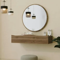 Consoles En Bois|Consoles En Bois|MARFA Coiffeuse murale effet bois foncé avec miroir, 2 tiroirs