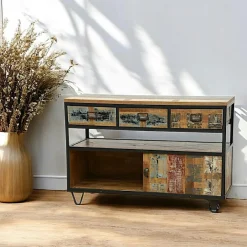 Chiffonnier Industriel|Loft / Loft Colors Colonne 4 tiroirs, 3 niches ouvertes en Hévéa recyclé coloré et métal 45x40x150cm LOFT COLORS