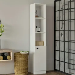 Meubles De Salle De Bains·Rangement Salle De Bains|MARFA Colonne salle de bains effet noyer, 1 porte 3 niches