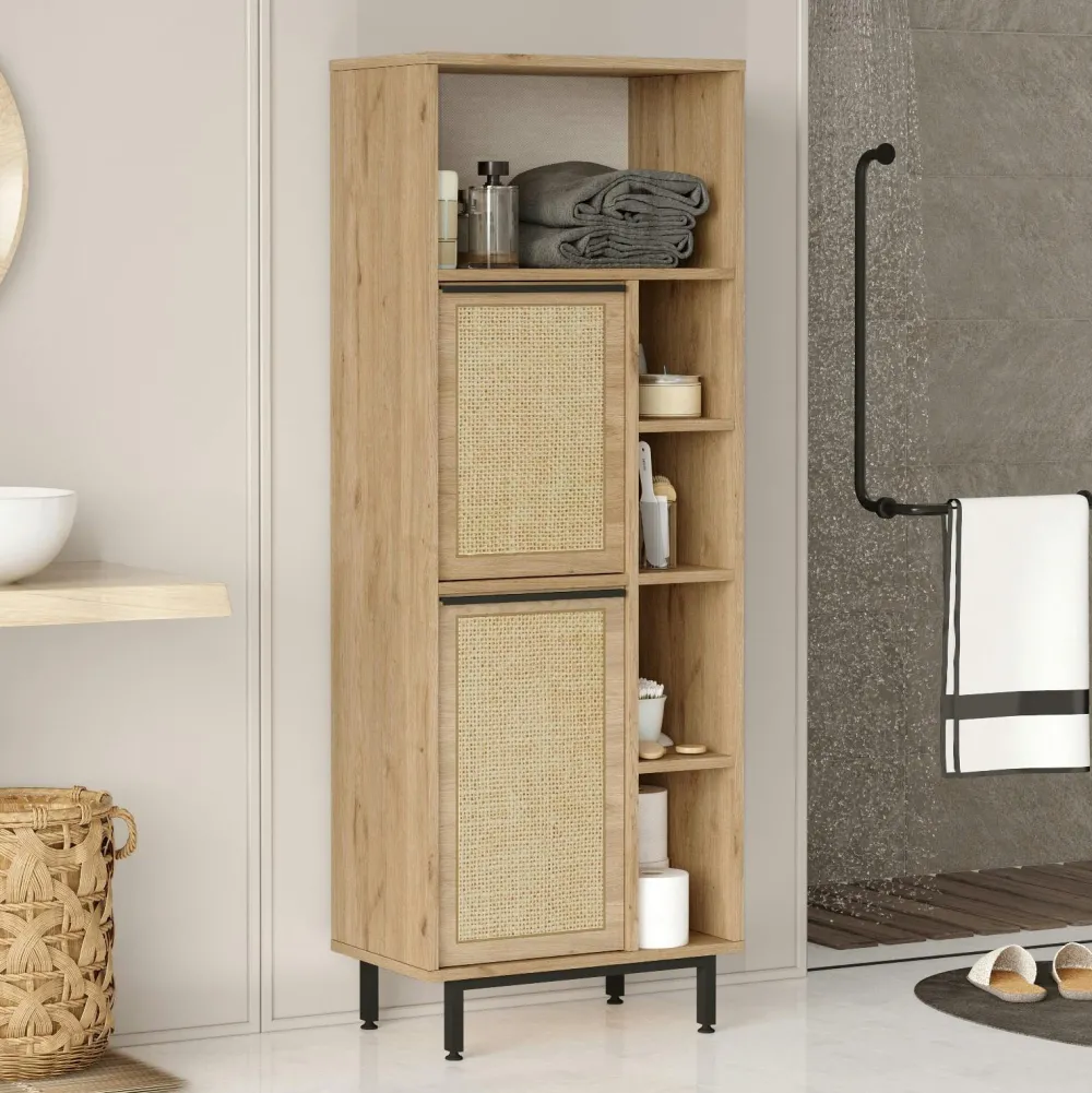 Meubles De Salle De Bains·Rangement Salle De Bains|JENA Colonne salle de bains effet bois clair 2 portes cannage