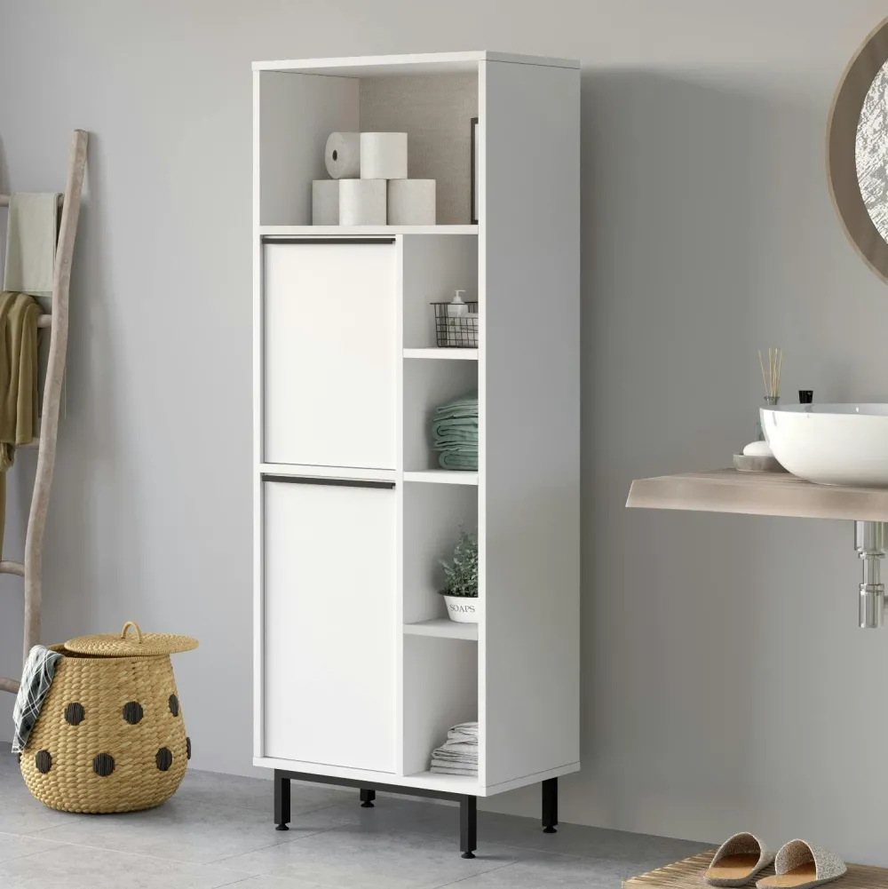 Meubles De Salle De Bains·Rangement Salle De Bains|JENA Colonne salle de bains effet bois clair 2 portes cannage