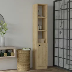 Meubles De Salle De Bains·Rangement Salle De Bains|MARFA Colonne salle de bains effet chêne, 1 porte 3 niches