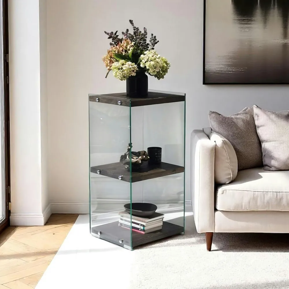 Meubles De Rangement·Petits Meubles De Rangement|LHASA Colonne vitrine design - bois gris foncé, 3 plateaux